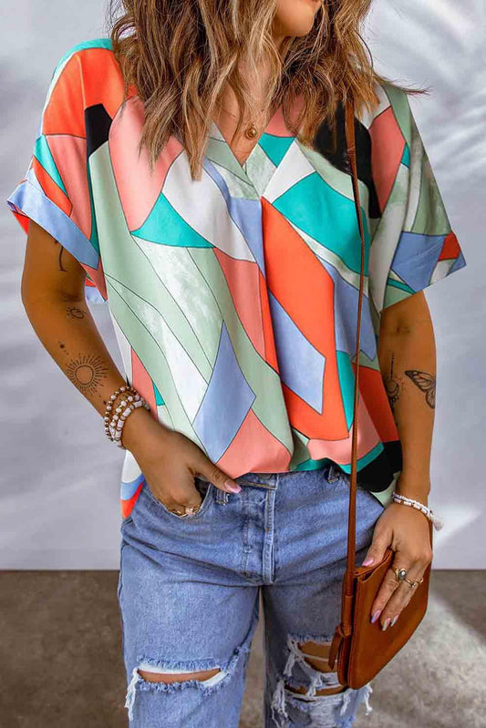 Multicolor Irregular Color Block Printed Short Sleeve Blouse - L & M Kee, LLC