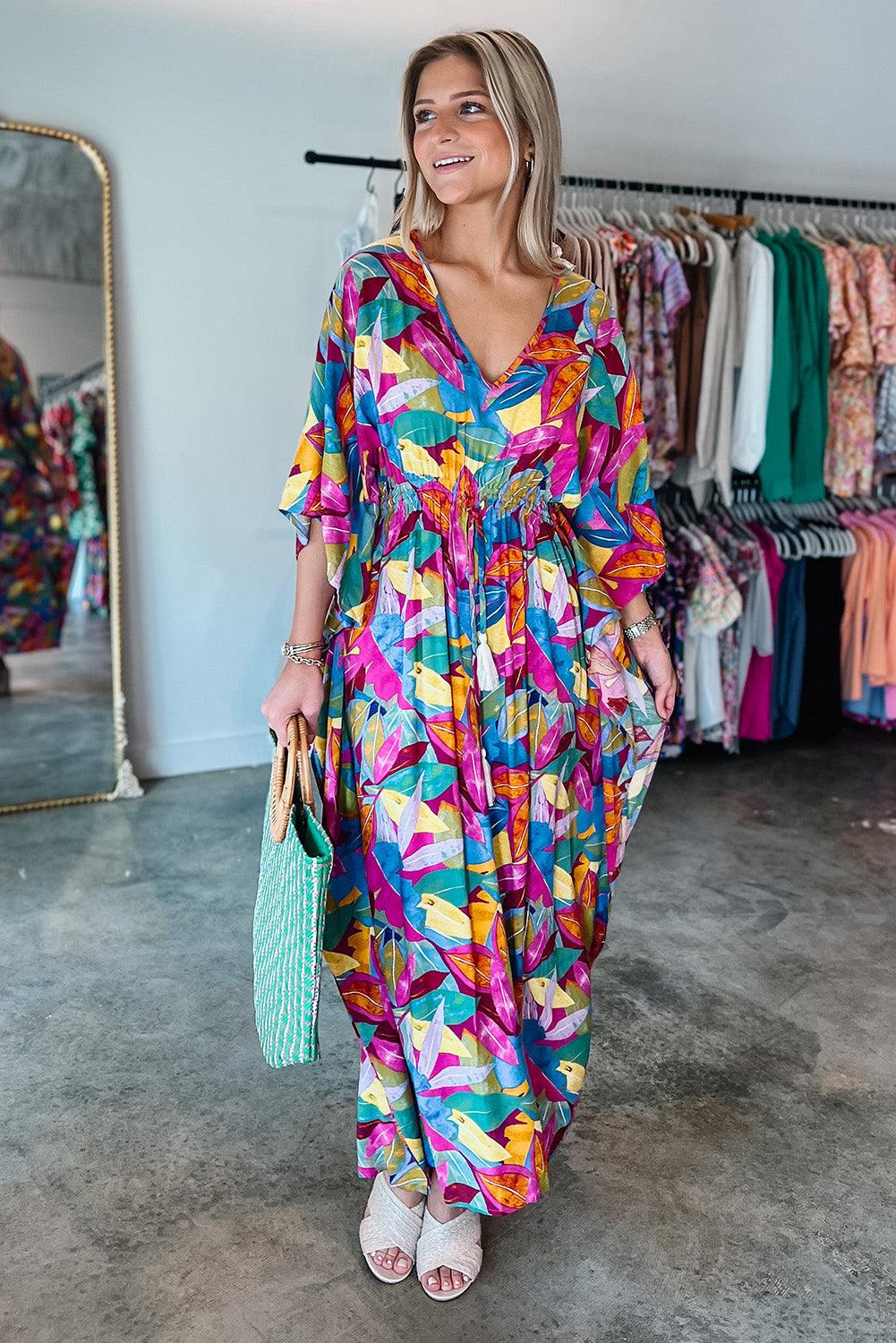 Multicolour Abstract Print High Waist V Neck Maxi Dress - L & M Kee, LLC