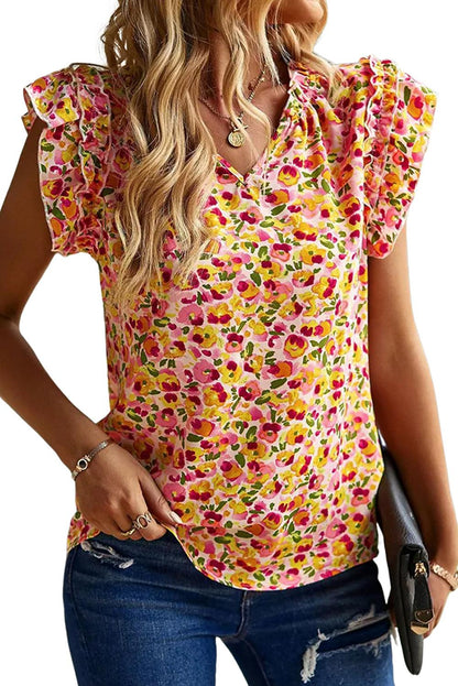 Yellow Floral Print Flutter Sleeve V Neck Tank Top - L & M Kee, LLC