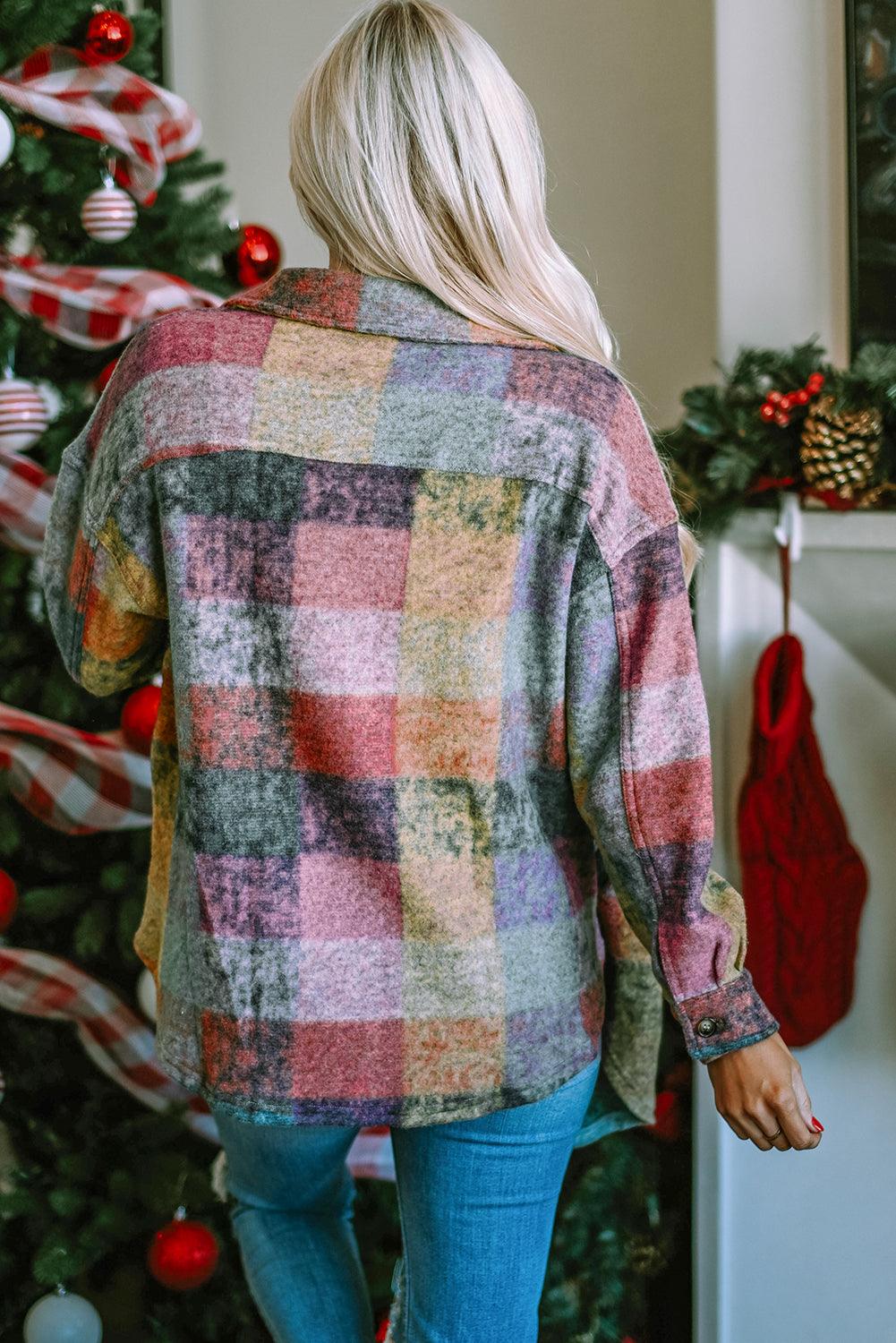 Multicolor Brushed Plaid Pocketed Oversize Shacket - L & M Kee, LLC