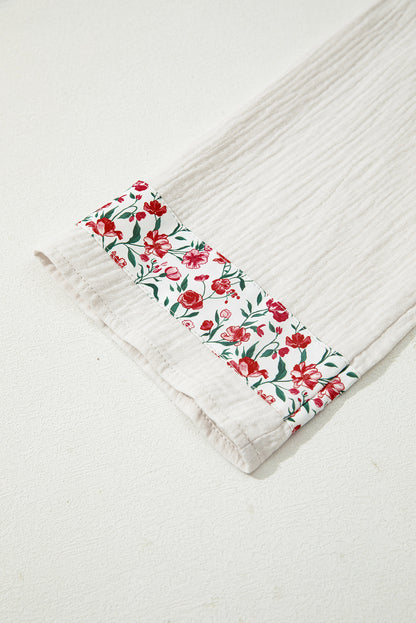 Red Floral Print Gauze Patchwork Henley Button 3/4 Sleeve Blouse