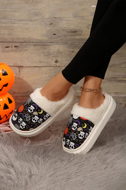 Black Halloween Pumpkin Ghost Print Plush Home Slippers