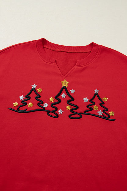 Tomato Red Christmas Tree Embroidered Notched Neck Cropped Sweatshirt