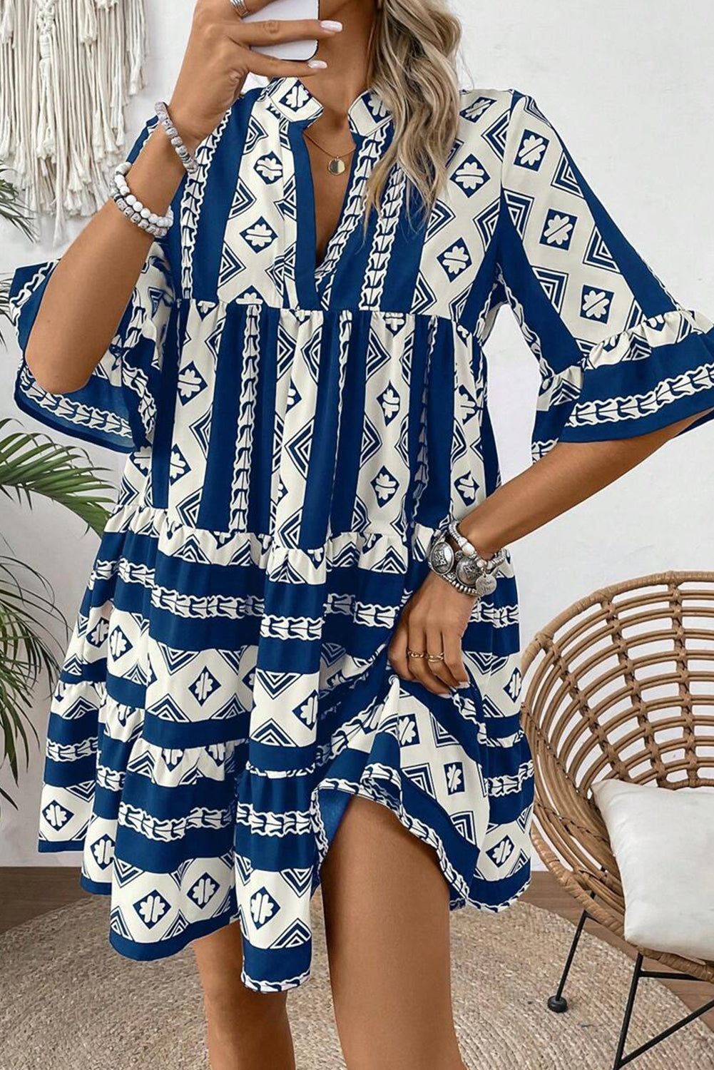 Blue Geometric Print V Neck Ruffled Dress