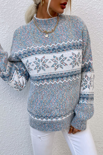 Gray Retro Snowflake Pattern Mock Neck Fuzzy Sweater