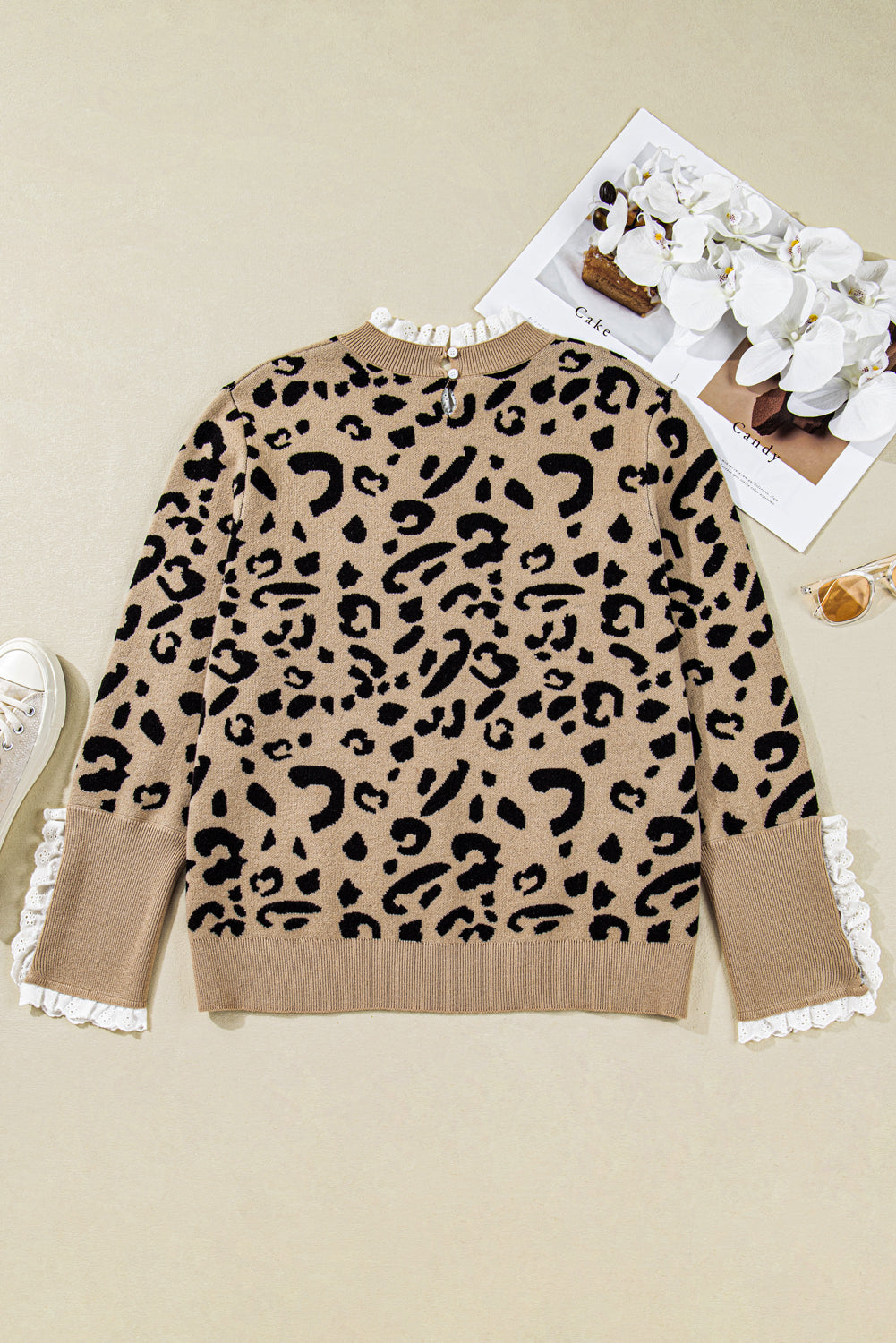 Brown Leopard Knitted Lacy Trim Cuffed Plus Size Sweater