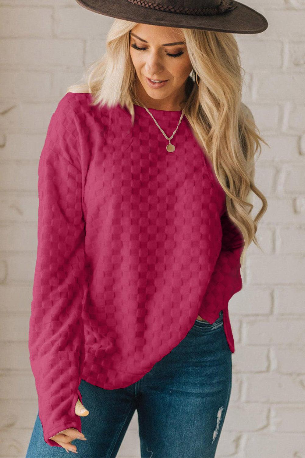 Rose Red Solid Textured Thumbhole Sleeve Top - L & M Kee, LLC