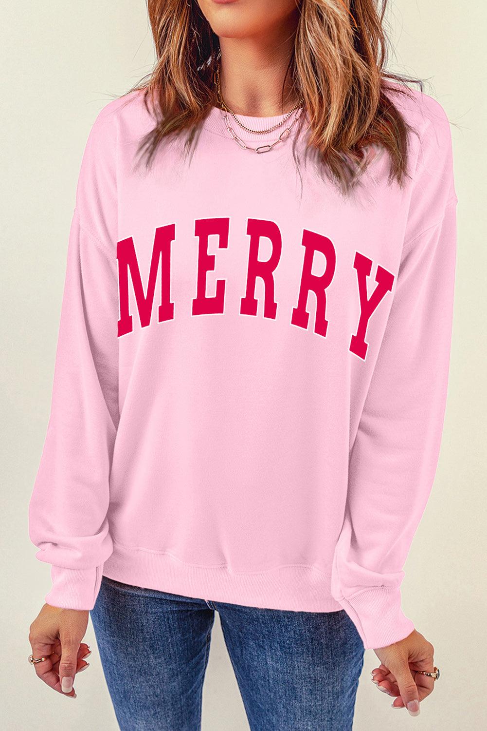Pink MERRY Alphabet Print Loose Fit Christmas Sweatshirt - L & M Kee, LLC