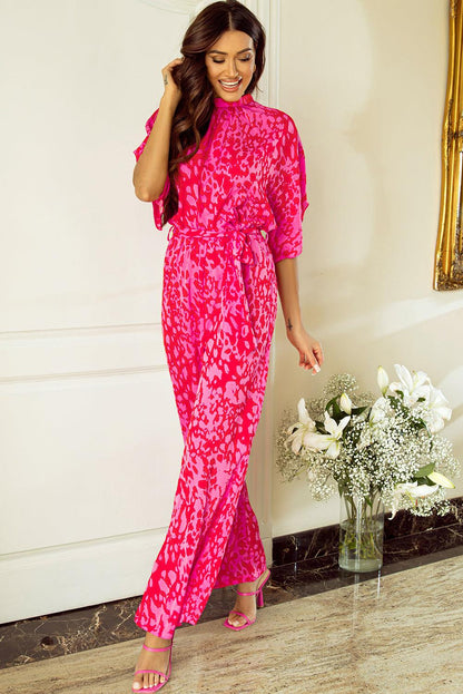 Rose Leopard Loose Sleeve Belted Wide Leg Jumpsuit - L & M Kee, LLC