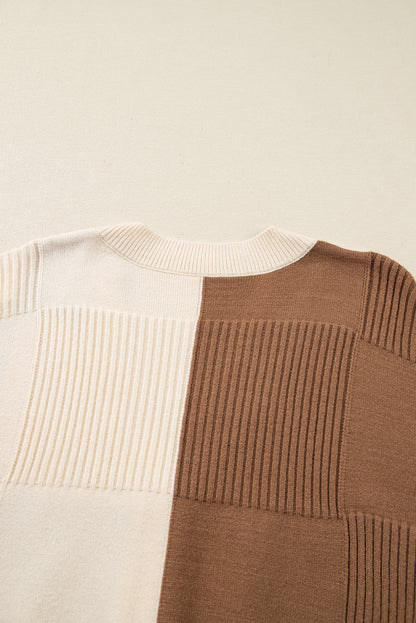 Khaki Checkered Ribbed Texture Knit Plus Size Cardigan Sweater