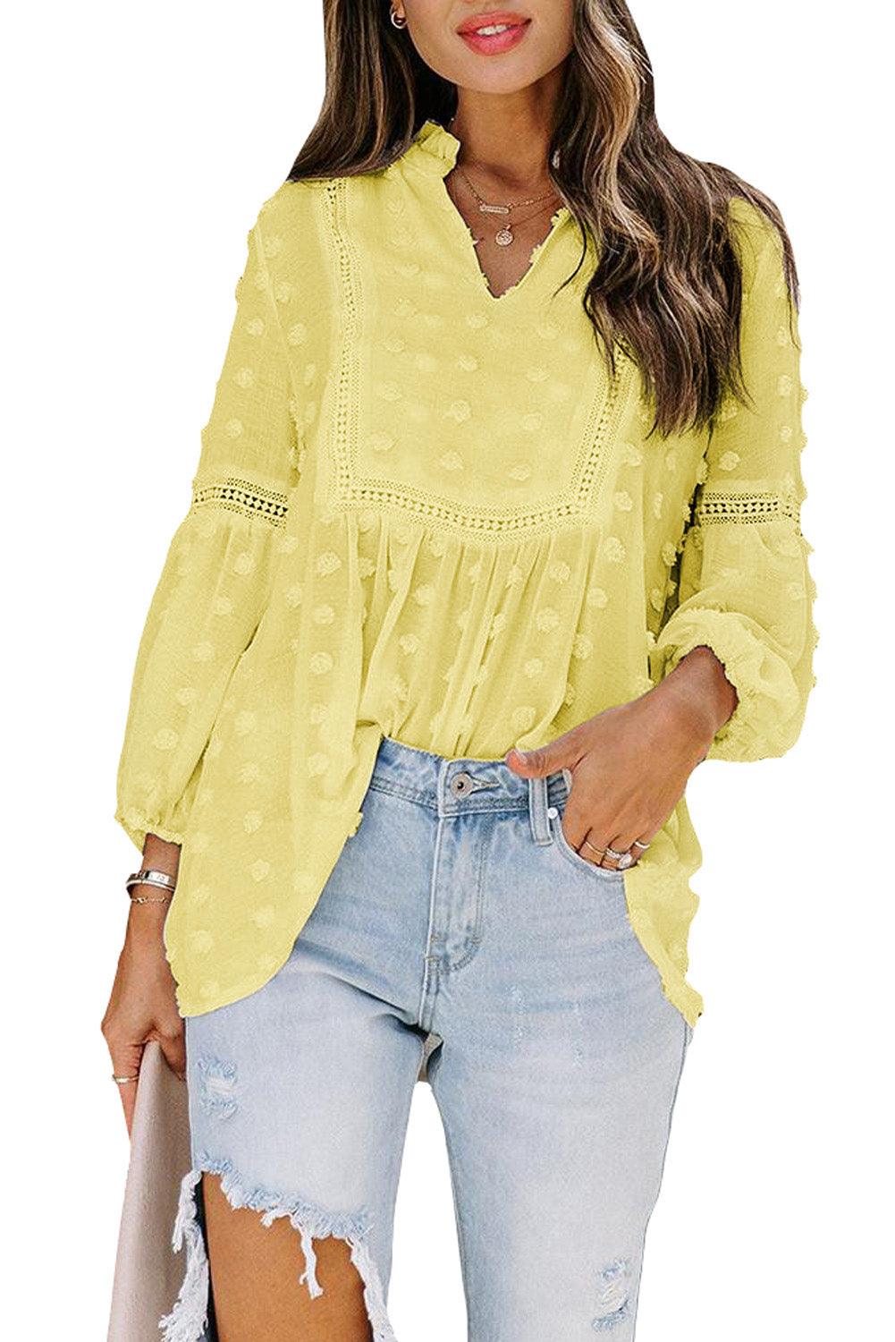 Blue Ruffled Split Neck Lace Hollow Out Puff Sleeve Polka Dot Blouse - L & M Kee, LLC