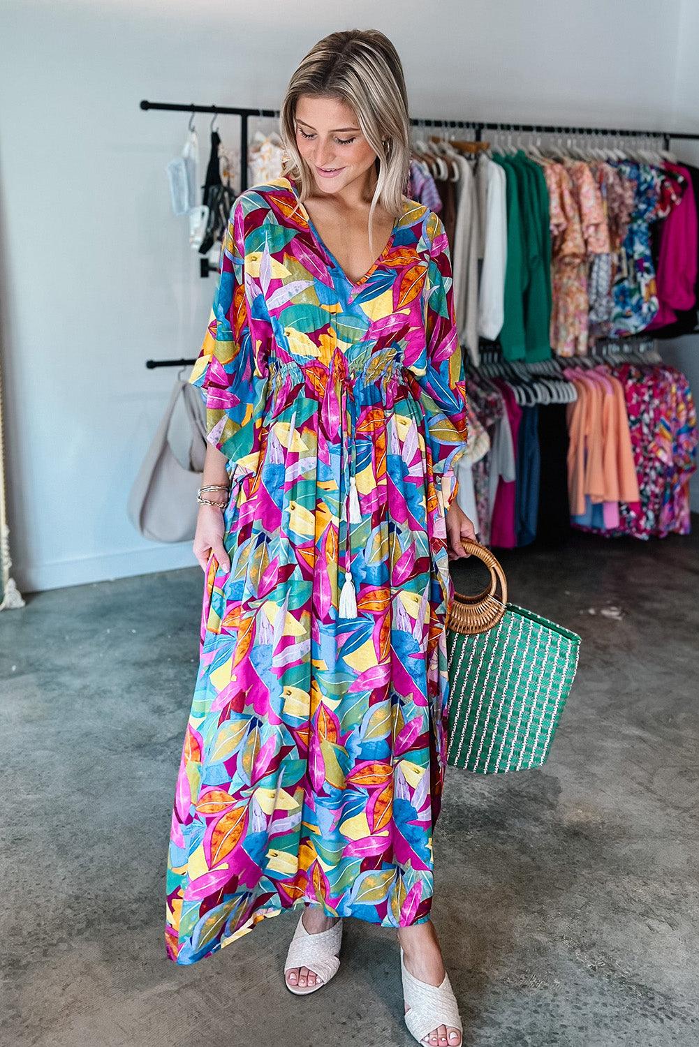 Multicolour Abstract Print High Waist V Neck Maxi Dress - L & M Kee, LLC