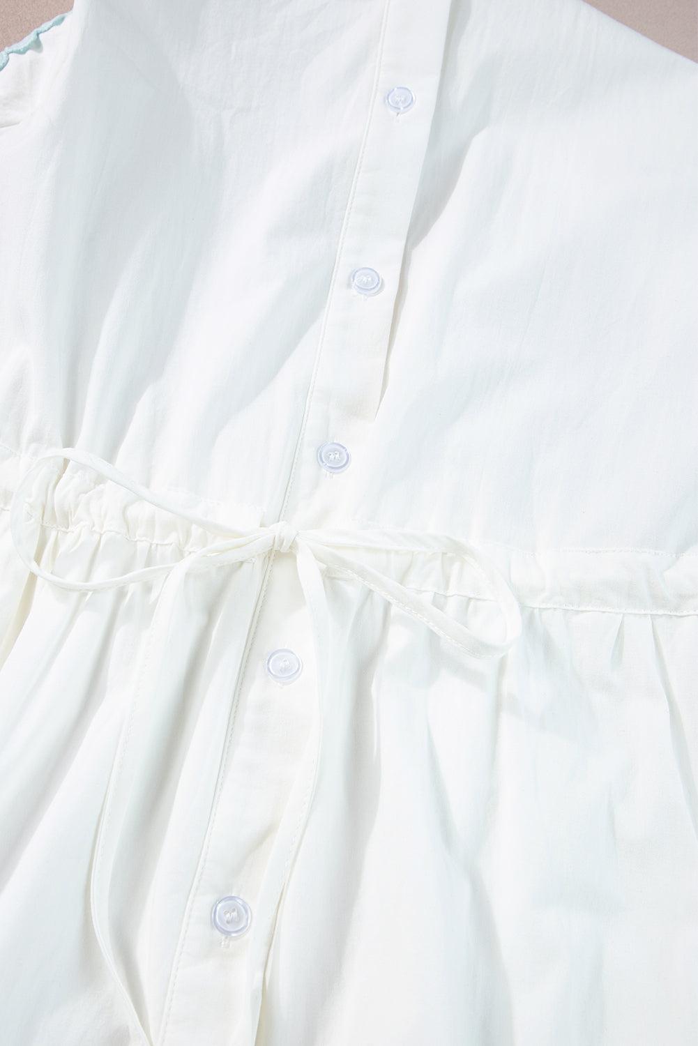 White Colorblock Rickrack Trim Short Sleeve Drawstring Waist Long Dress - L & M Kee, LLC