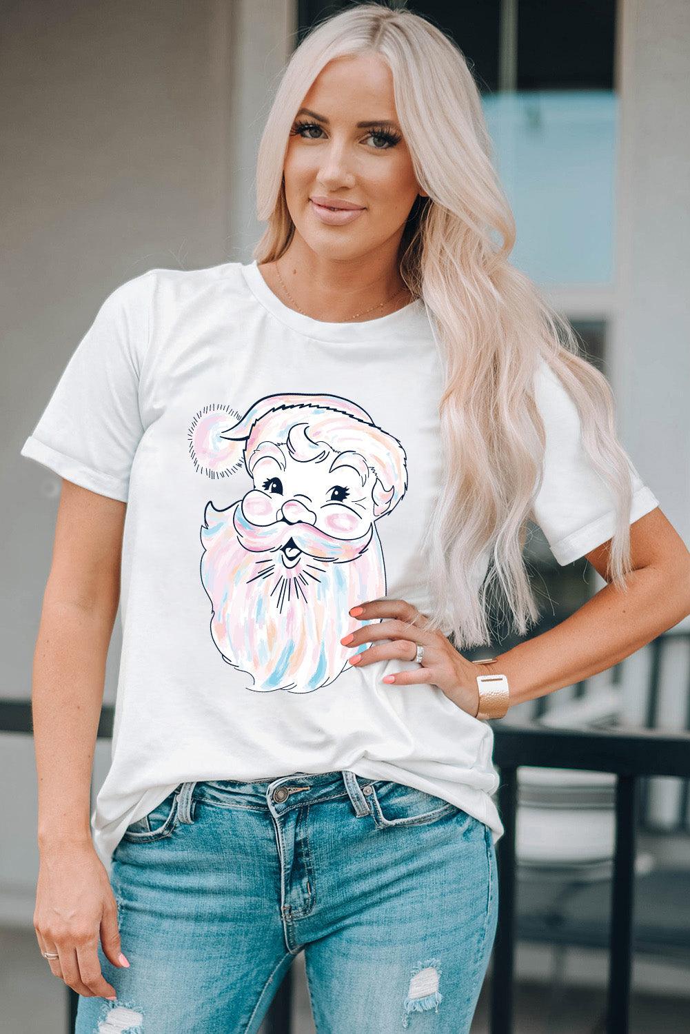 White Cute Santa Claus Graphic Casual Tee - L & M Kee, LLC