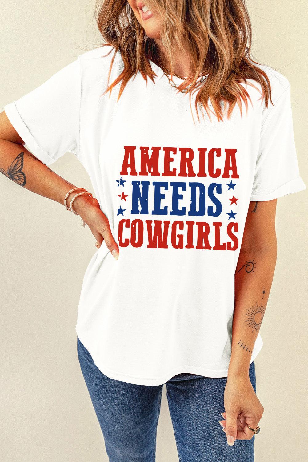 White America Needs Cowgirls Crew Neck Graphic Tee - L & M Kee, LLC