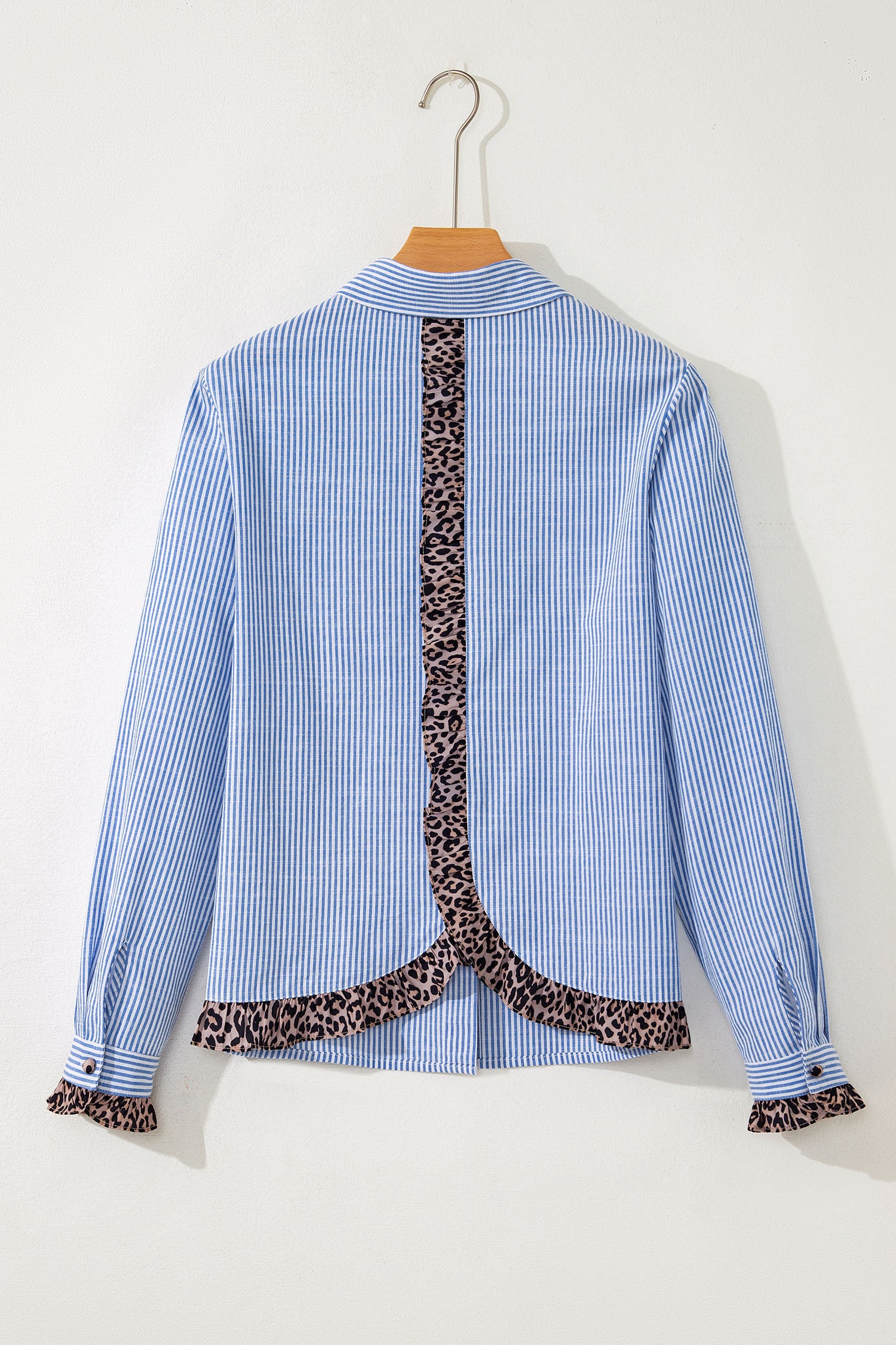 Sky Blue Stripe Contrast Frilled Leopard Trim Casual Long Sleeve Shirt