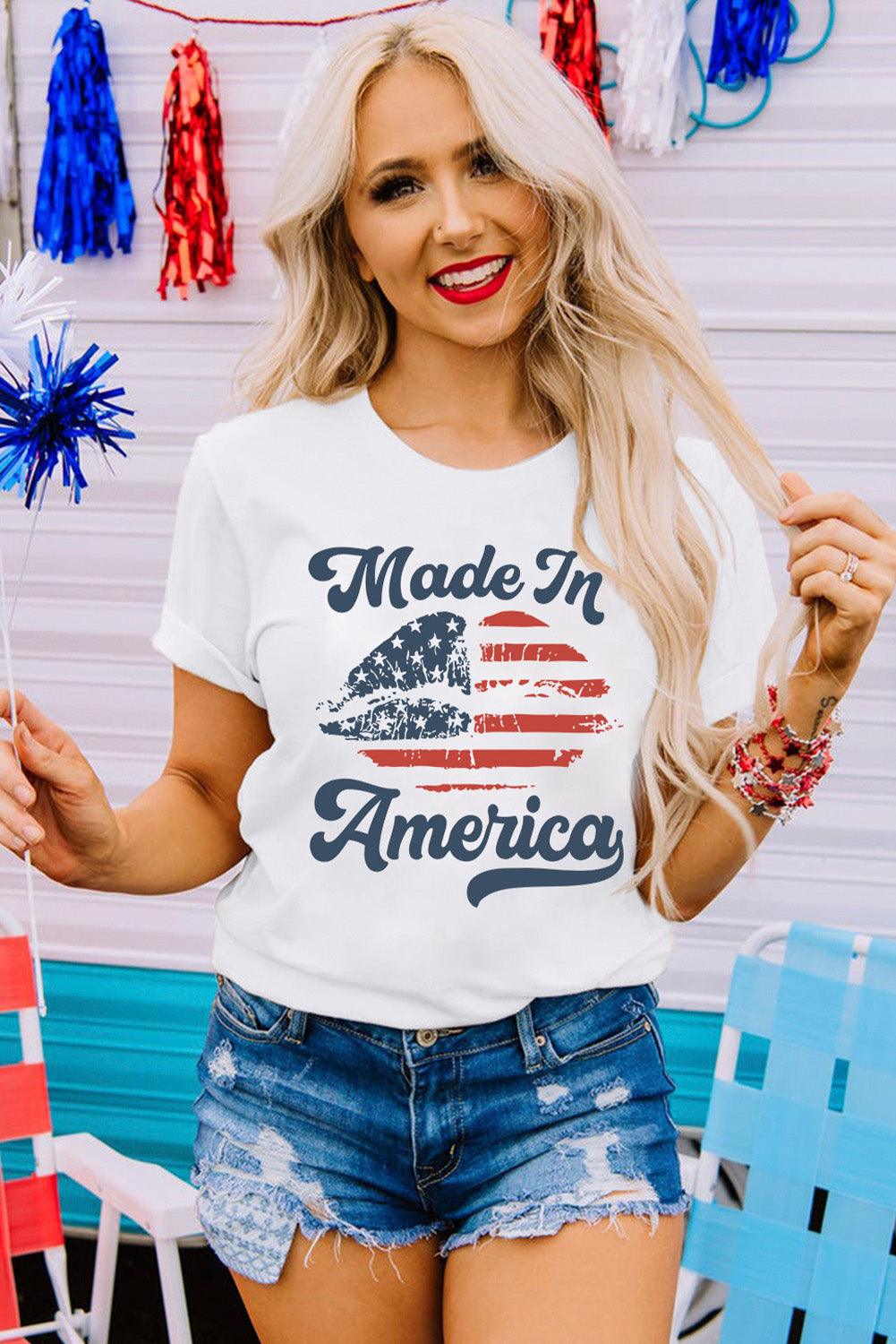 White Made in America Lip Printed O Neck T Shirt - L & M Kee, LLC