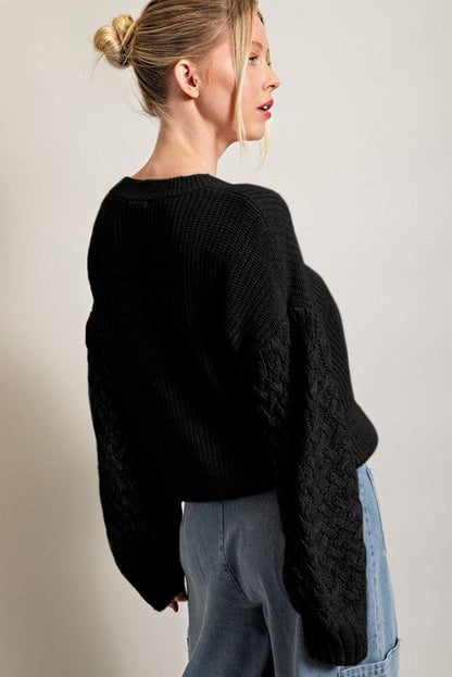 Black Cable Knit Sleeve Drop Shoulder Sweater - L & M Kee, LLC