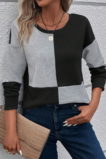 Black Color Block Textured Drop Shoulder Top - L & M Kee, LLC