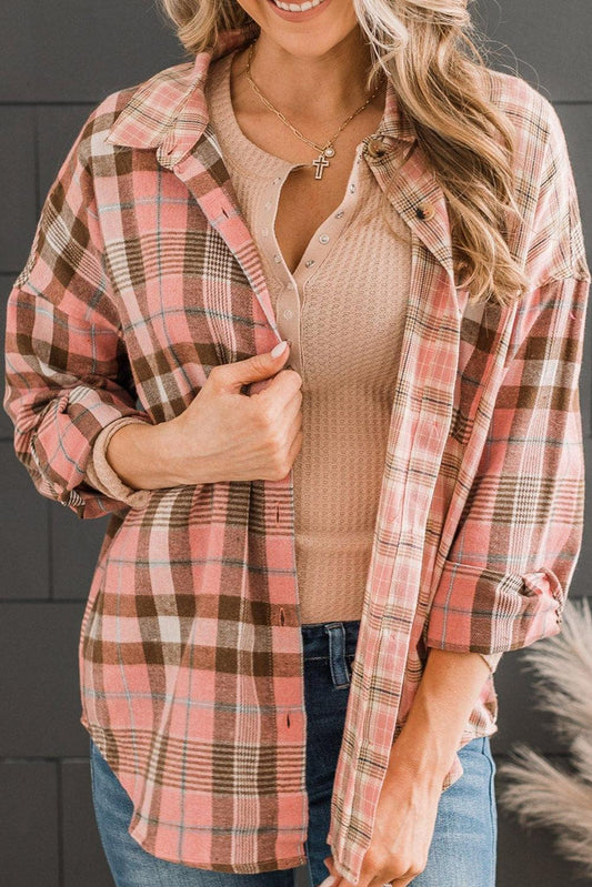 Pink Drop Shoulder Rounded Hem Plaid Pattern Shirt - L & M Kee, LLC