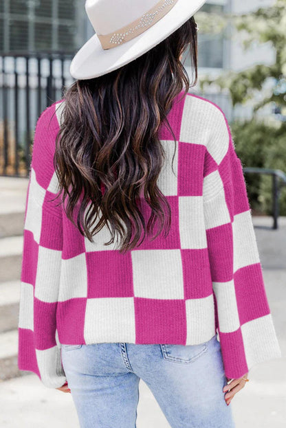 Bright Pink Checkered Round Neck Baggy Sweater - L & M Kee, LLC