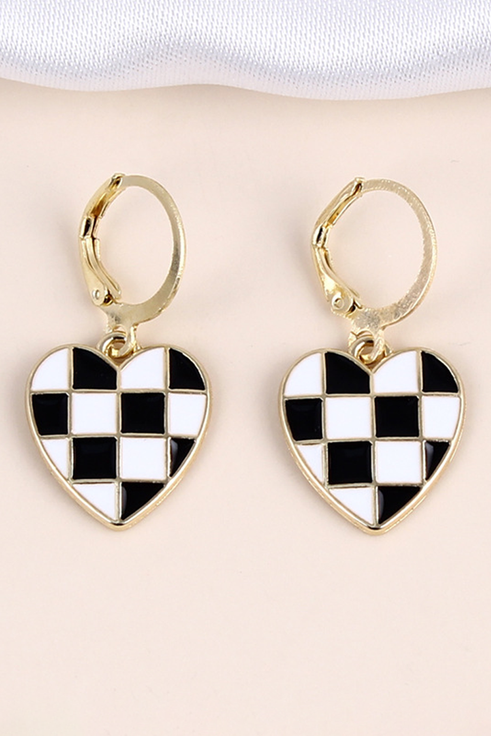 Black Checkered Heart Shape Hoop Dangle Earrings