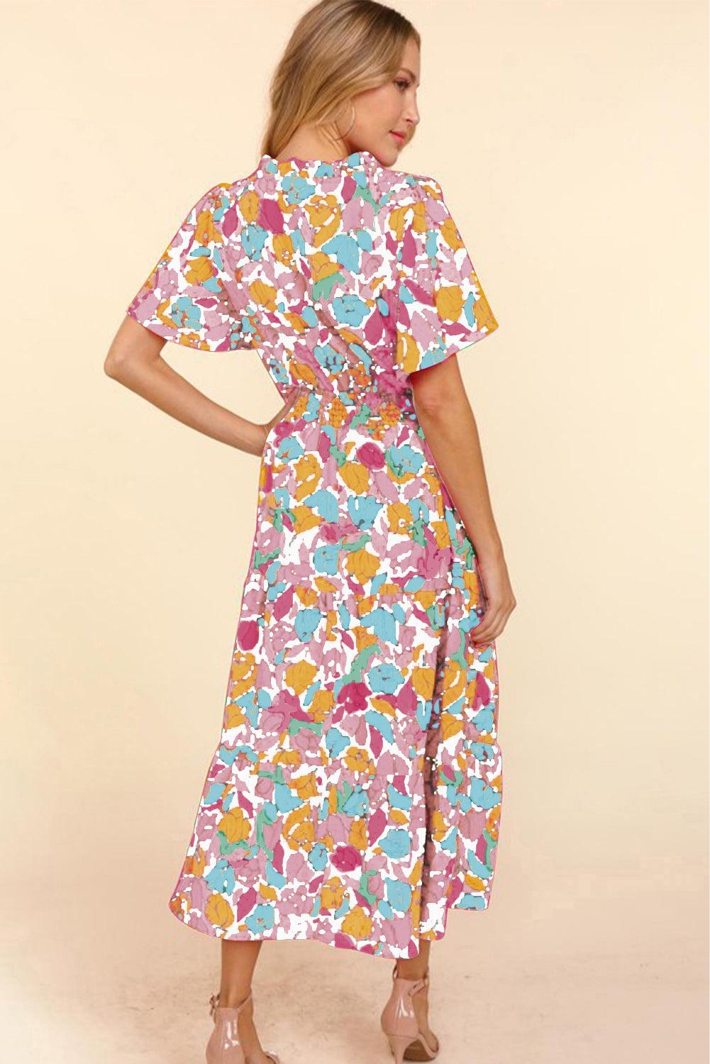 Pink Floral Short Sleeve Smocked Waist Maxi Dress - L & M Kee, LLC