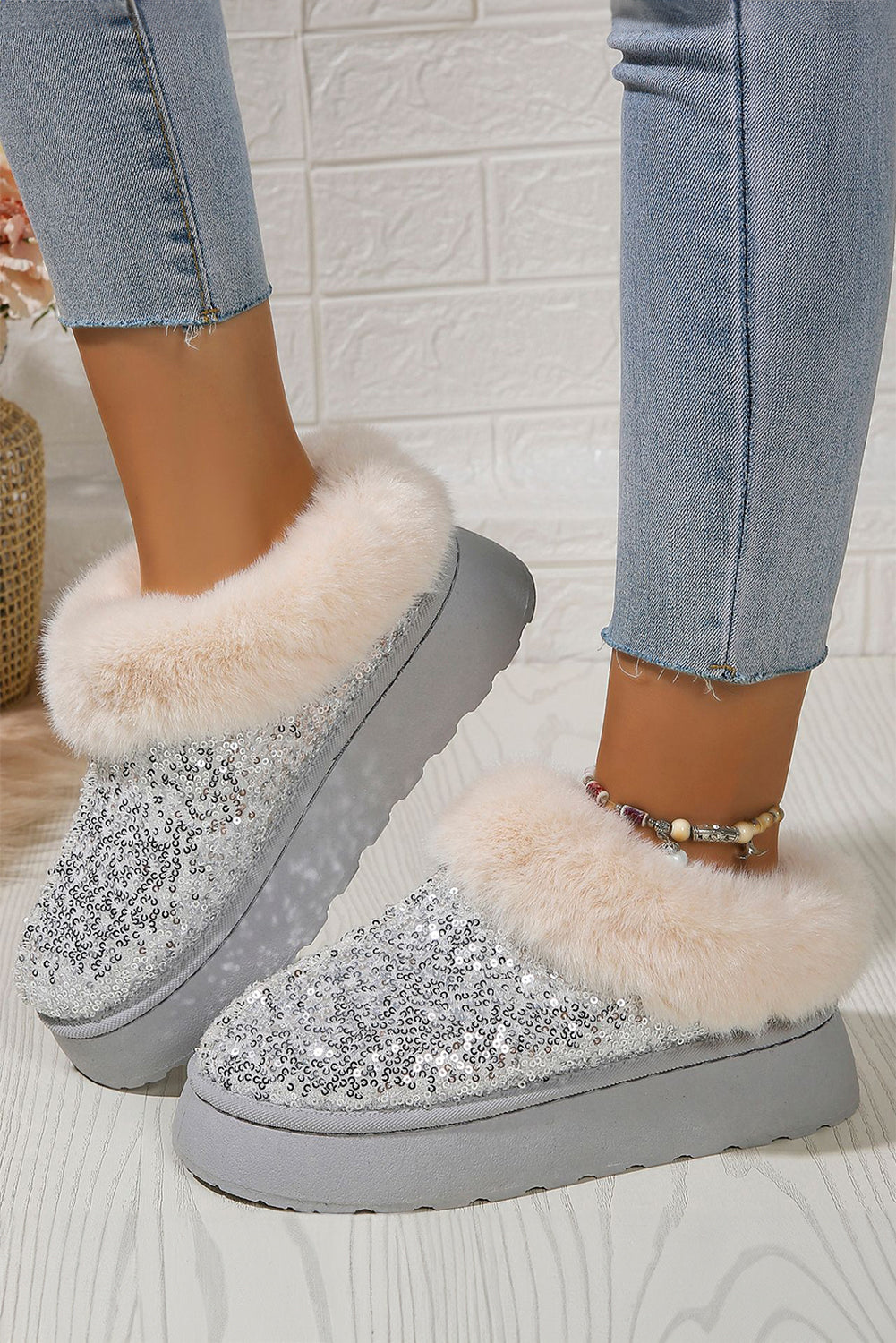 Silvery Sequin Plush Lined Thick Sole Snow Boots