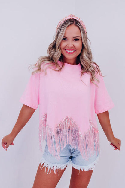 Pink Fringed Sequin Crop T-shirt - L & M Kee, LLC