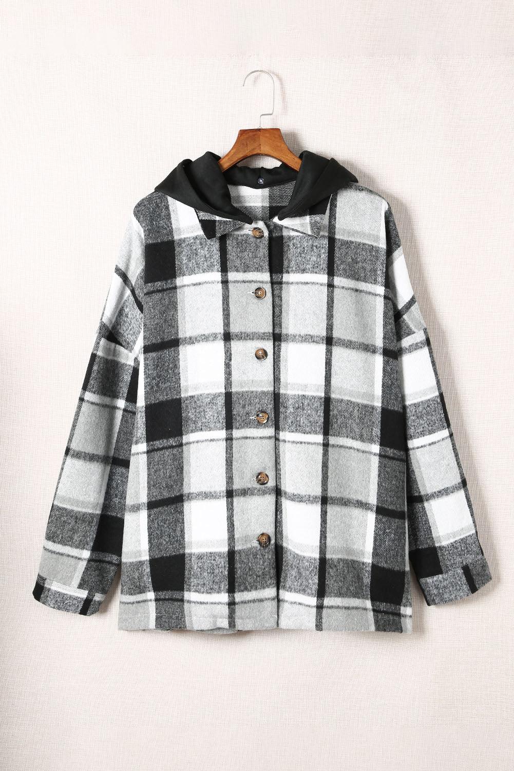 Red Hooded Plaid Button Front Shacket - L & M Kee, LLC