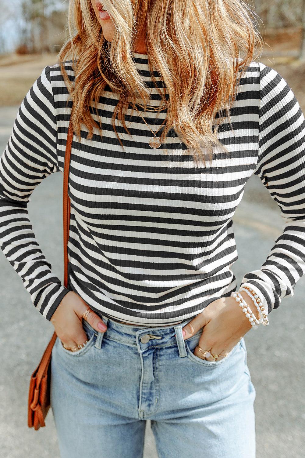 Black Striped Print Textured Knit Long Sleeve Tee - L & M Kee, LLC