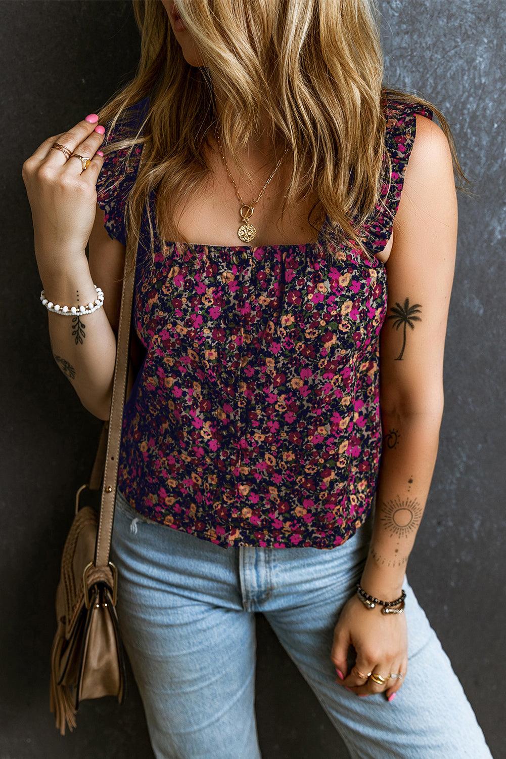 Rose Boho Frilled Straps Floral Tank Top - L & M Kee, LLC