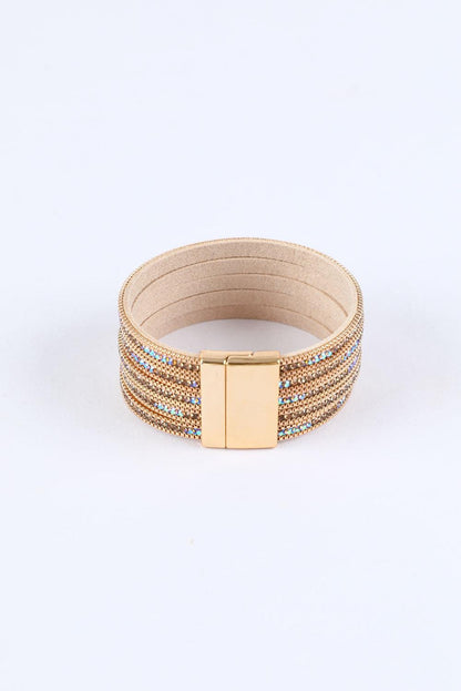 Gold Full Diamond Leather Wide Edge Magnetic Buckle Bracelet - L & M Kee, LLC