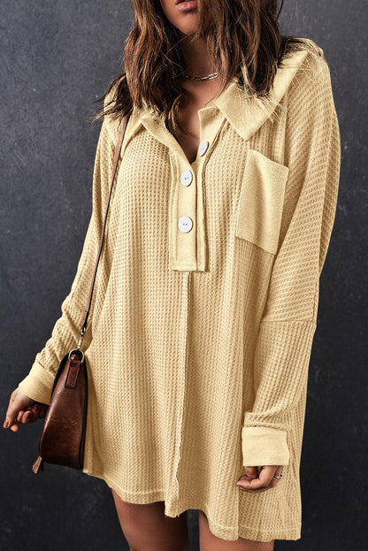 Brown Waffle Knit Buttoned Long Sleeve Top - L & M Kee, LLC