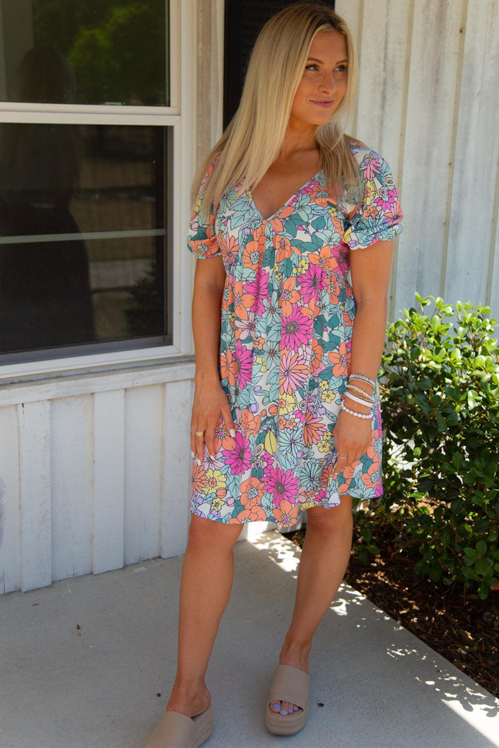 Multicolor Floral Print Tie Back Short Sleeve Dress - L & M Kee, LLC