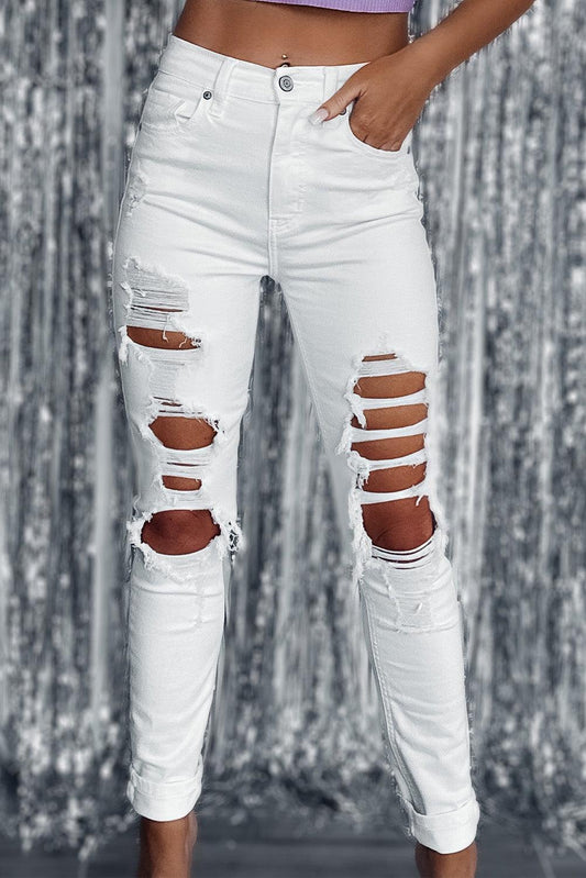 White Distressed Ripped Holes High Waist Skinny Jeans - L & M Kee, LLC