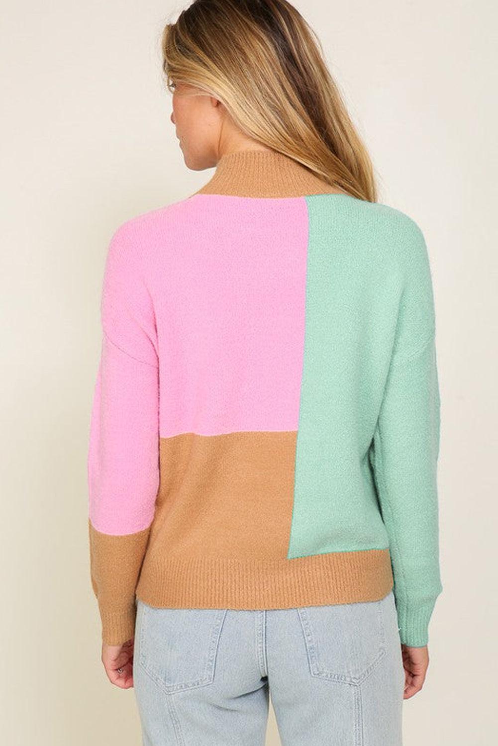 Multicolour Colorblock Mock Neck Ribbed Trim Sweater - L & M Kee, LLC