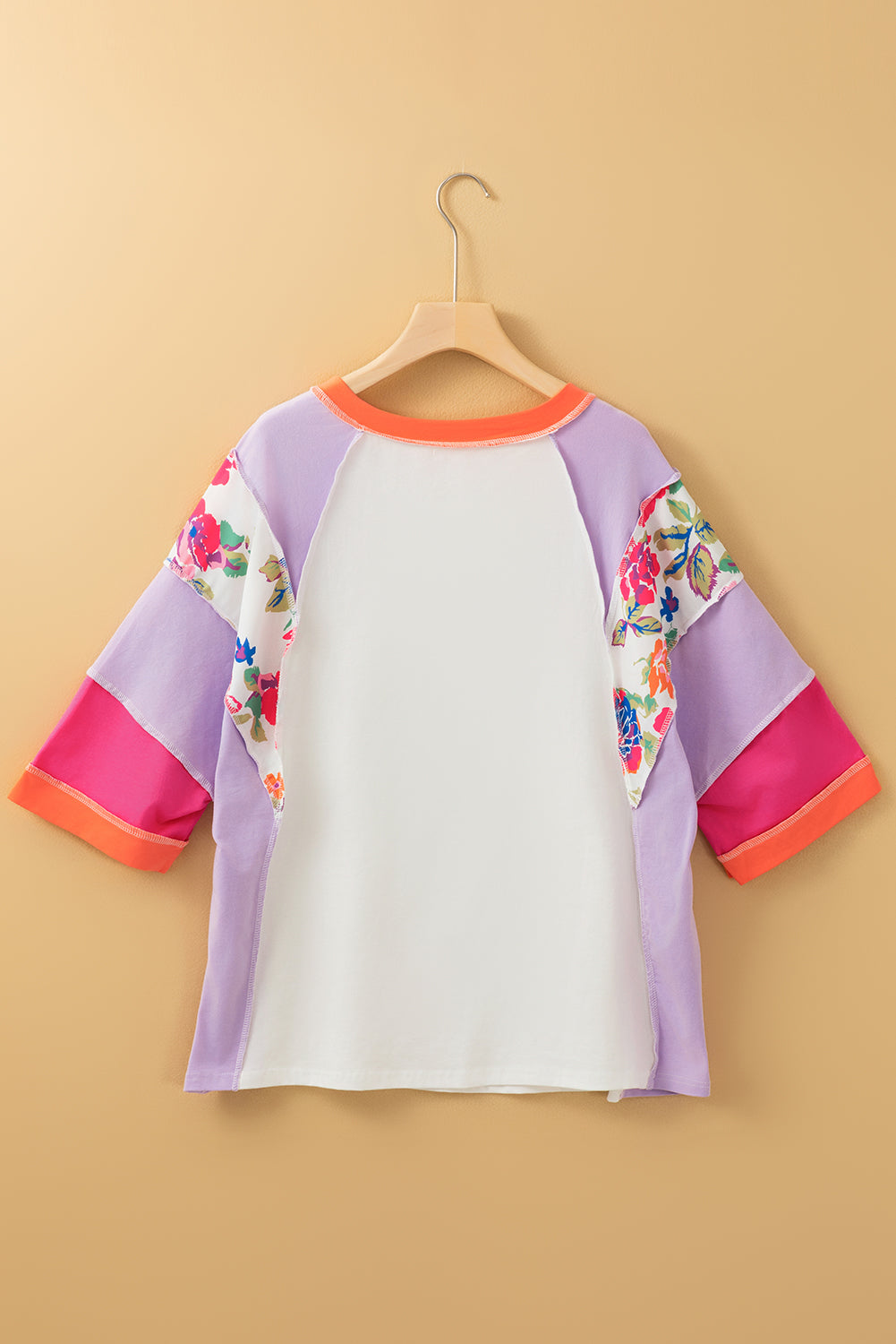 Sachet Pink Floral Color Block Patchwork 3/4 Sleeve Casual Blouse