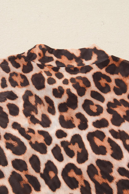 Brown Leopard Mock Neck Long Sleeve Mesh Top