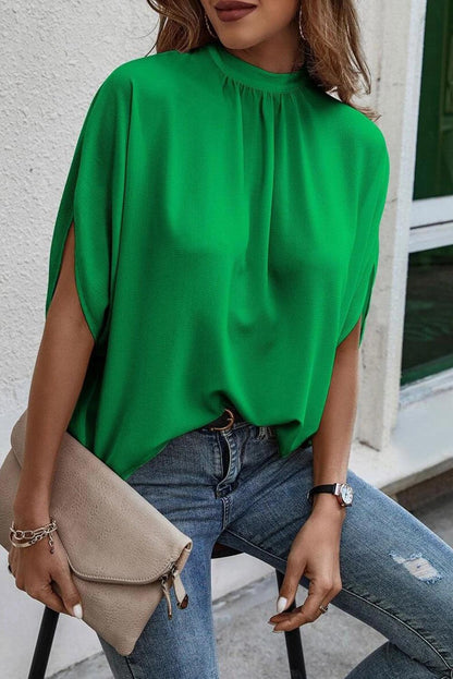 Bright Green Solid Mock Neck Split Batwing Sleeve Blouse - L & M Kee, LLC