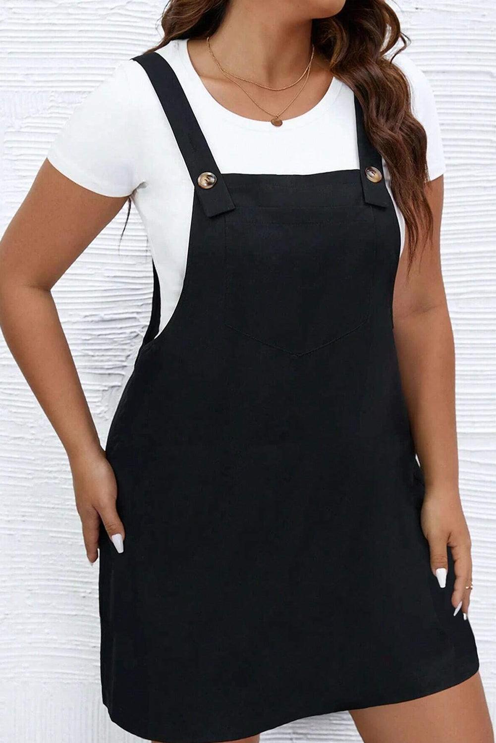 Black Solid Buttoned Straps Plus Size Overall Dress - L & M Kee, LLC