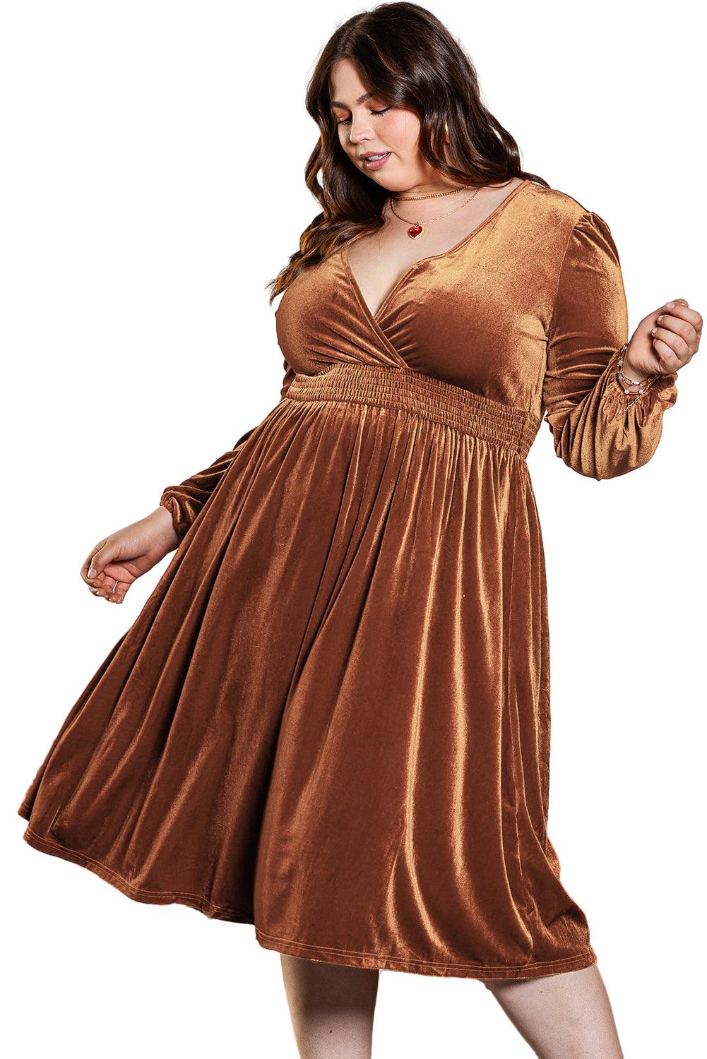 Camel Surplice V Neck Balloon Sleeve Velvet Dress - L & M Kee, LLC