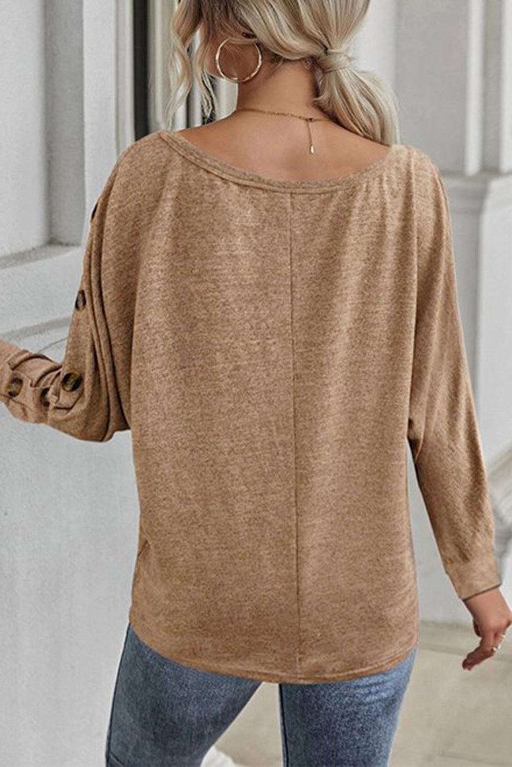 Khaki Solid Color Button Decor Dolman Sleeve Top - L & M Kee, LLC