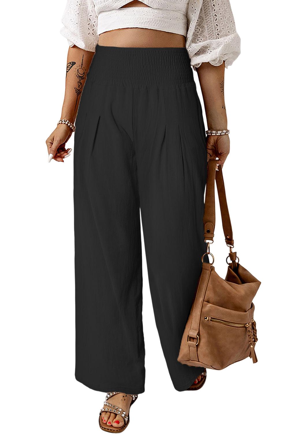 Khaki Smocked Wide Waistband High Waist Wide Leg Pants - L & M Kee, LLC