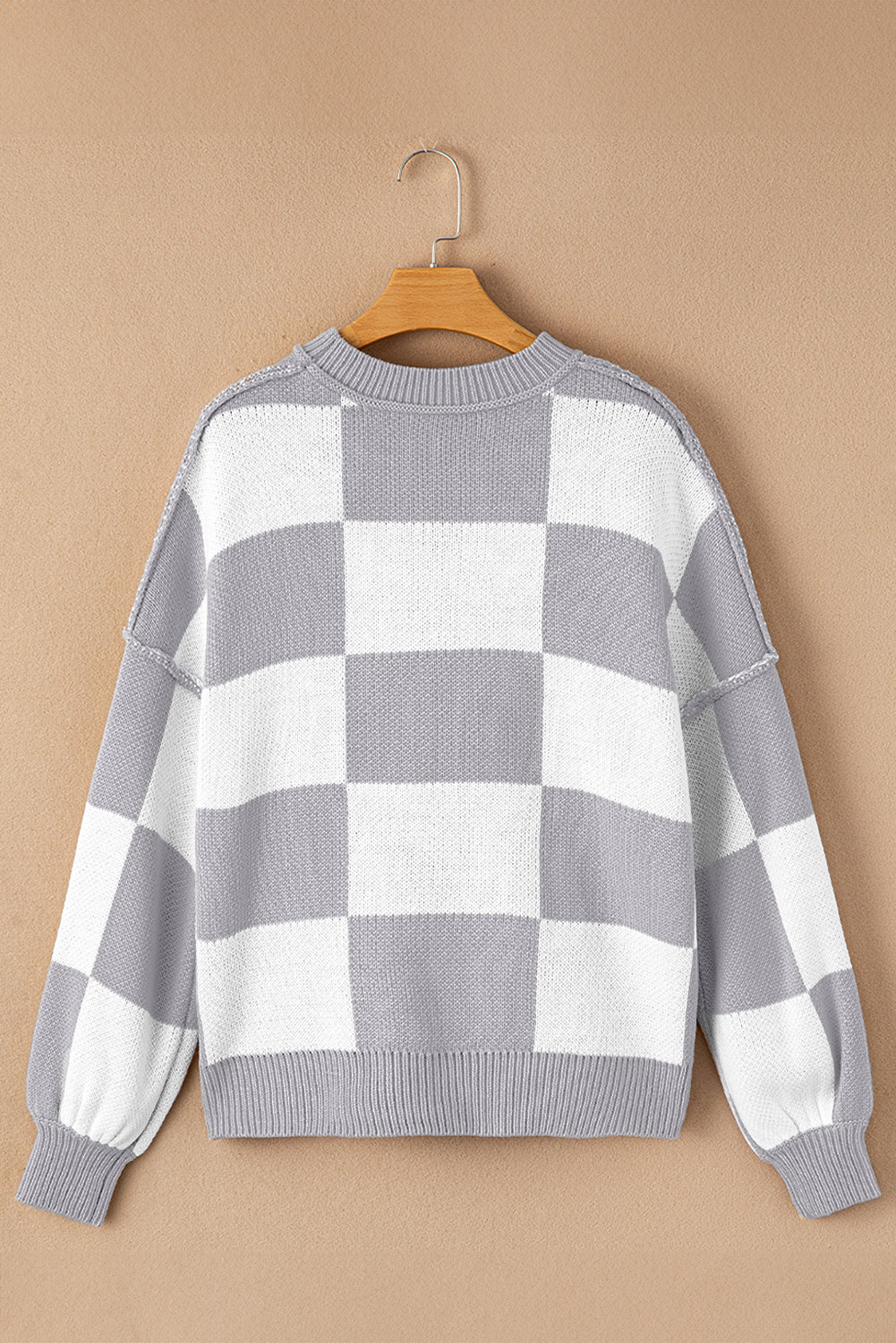 Gray Checkered Bishop Sleeve Sweater