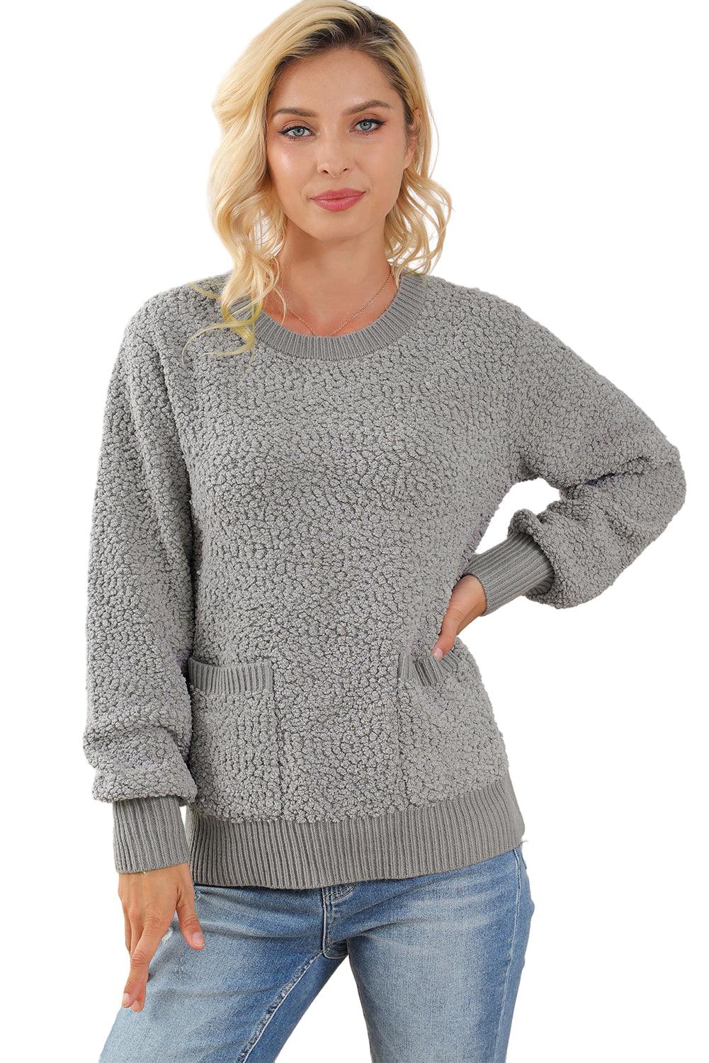 Gray Double Pockets Ribbed Trim Popcorn Knit Sweater - L & M Kee, LLC