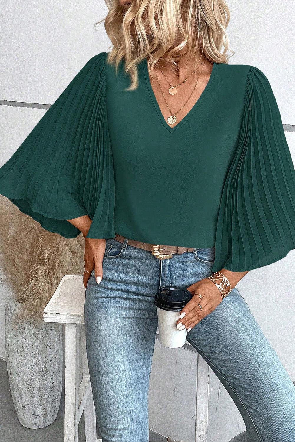 Blackish Green 3/4 Pleated Bell Sleeve V Neck Blouse - L & M Kee, LLC