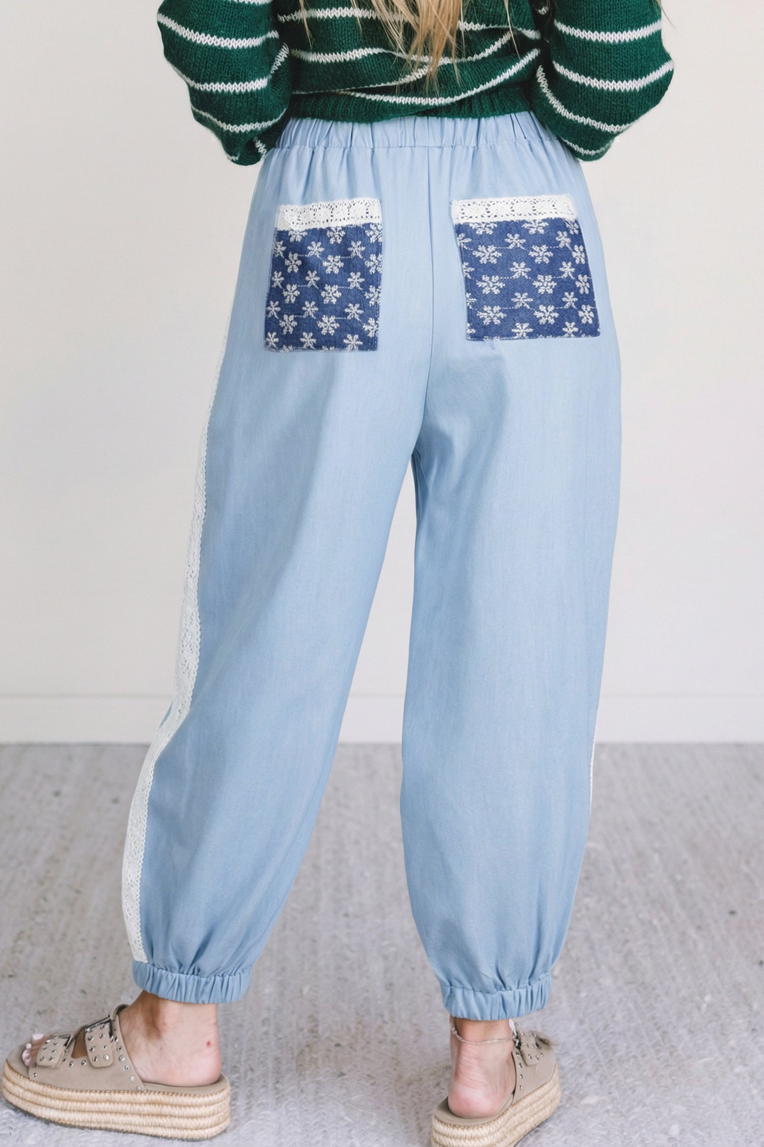 Beau Blue Lace Accent Floral Patched Pocket Pleated Wide Leg Slouchy Pants