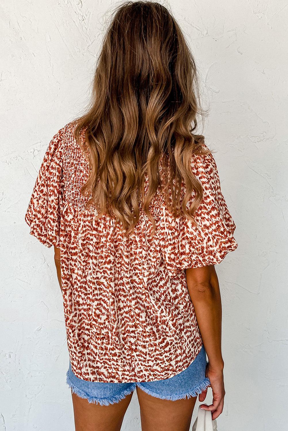 Brown Printed Tie Split Neck Puff Sleeve Blouse - L & M Kee, LLC