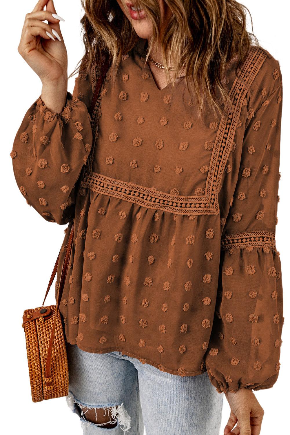 Blue Ruffled Split Neck Lace Hollow Out Puff Sleeve Polka Dot Blouse - L & M Kee, LLC